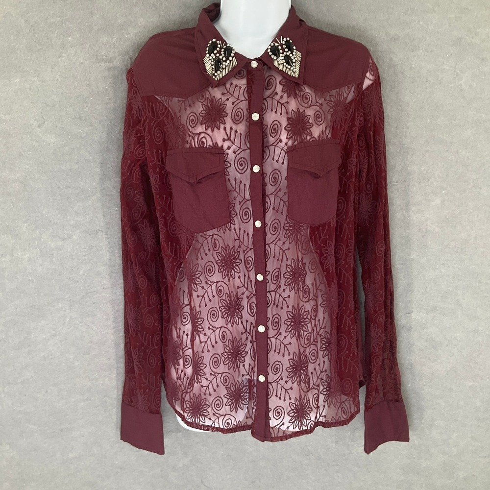 BKE Top‎ Sz L Burgundy Floral Lace Embellished Sheer Collar Western Rodeo Edgy